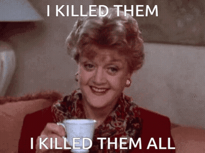 A Woman Sitting On A Couch Holding A Cup Of Coffee With A Caption That Says I Killed Them GIF
