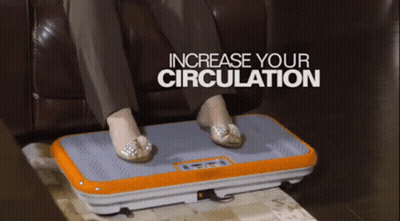 A Woman Sitting On A Couch With Her Feet On An Orange Device That Says Increase Your Circulation GIF