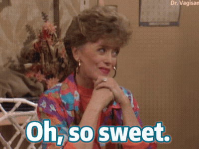 A Woman Sitting On A Couch With Her Hands Folded And The Words Oh So Sweet Above Her GIF