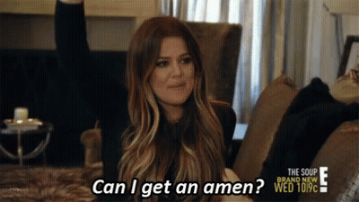 A Woman Sitting On A Couch With The Words Can I Get An Amen On Her Face GIF