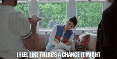 A Woman Sitting On A Couch With The Words " I Feel Like There 'S A Chance It Might " Below Her GIF