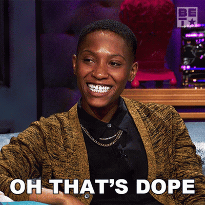 A Woman Sitting On A Couch With The Words Oh That 'S Dope Behind Her GIF