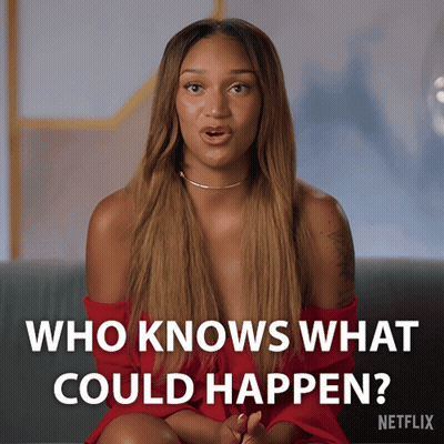 A Woman Sitting On A Couch With The Words Who Knows What Could Happen On The Bottom GIF