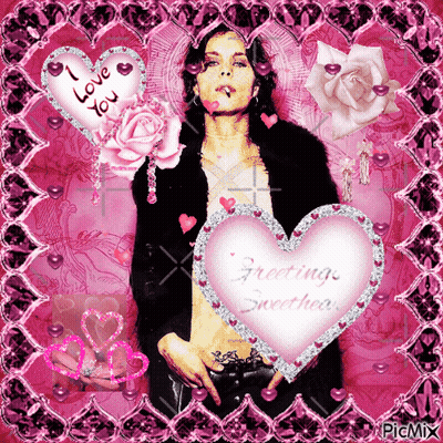 A Woman Smoking A Cigarette Surrounded By Pink Hearts With Greetings Sweetheart On It GIF