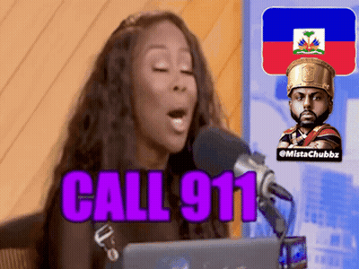 A Woman Speaking Into A Microphone With The Words Call 911 Written In Purple GIF