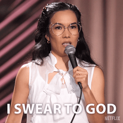A Woman Speaking Into A Microphone With The Words I Swear To God On The Bottom GIF