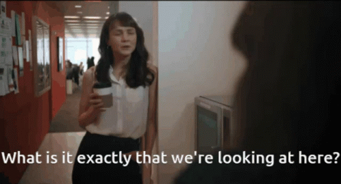 A Woman Standing In A Hallway With The Words " What Is It Exactly That We 'Re Looking At Here " Above Her GIF