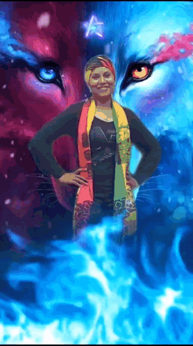 A Woman Standing In Front Of A Painting Of A Lion GIF