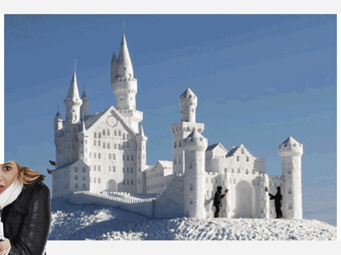 A Woman Standing In Front Of A Snow Castle GIF