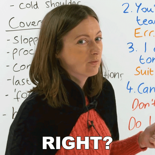 A Woman Standing In Front Of A White Board With The Words Right On It GIF