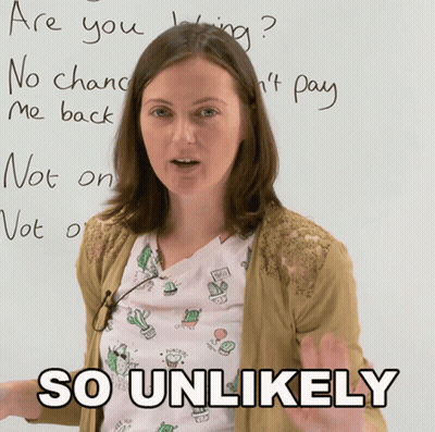 A Woman Standing In Front Of A White Board With The Words So Unlikely On It GIF