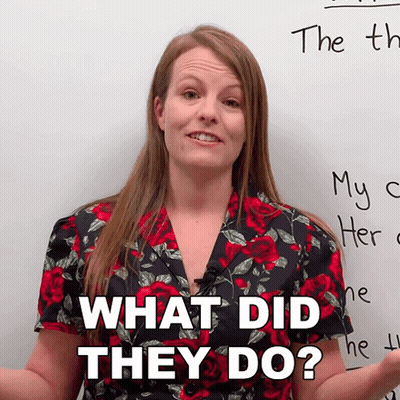 A Woman Standing In Front Of A White Board With The Words What Did They Do Written On It GIF