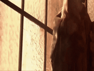 A Woman Standing In Front Of A Window Looking Out At The Sun GIF