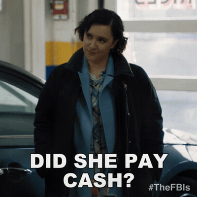 A Woman Standing Next To A Car With The Words Did She Pay Cash Written Below Her GIF