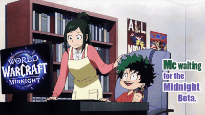 A Woman Standing Next To A Child In Front Of A Computer Screen That Says World Warcraft Midnight GIF