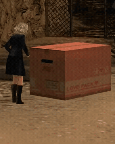 A Woman Standing Next To A Large Box That Says Love Pack GIF