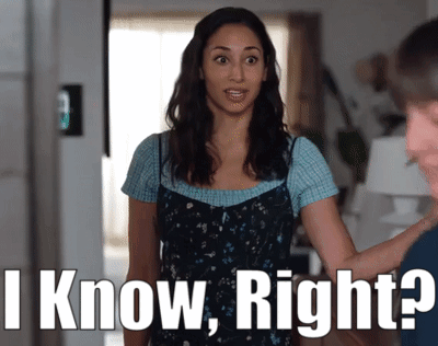 A Woman Standing Next To A Man With The Words " I Know Right " Behind Her GIF