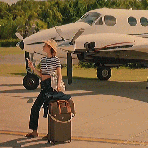 A Woman Standing Next To A Suitcase And A Small Plane GIF