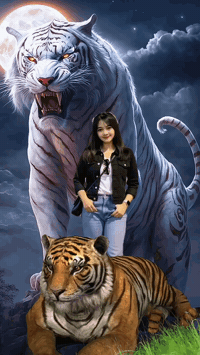 A Woman Standing Next To A Tiger With A Full Moon Behind Her GIF