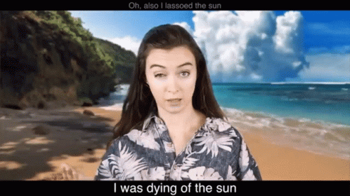 A Woman Standing On A Beach With The Words " Oh Also I Lassoed The Sun " Below Her GIF