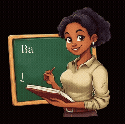 A Woman Stands In Front Of A Blackboard That Says Ba On It GIF