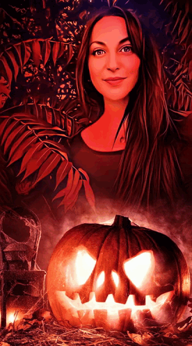 A Woman Stands In Front Of A Carved Pumpkin With A Face Carved Into It GIF