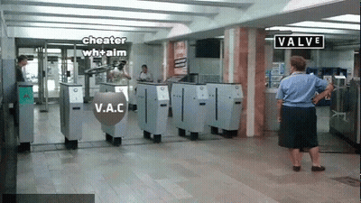 A Woman Stands In Front Of A Gate With A Sign That Says Valve GIF