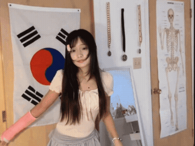 A Woman Stands In Front Of A Korean Flag And A Skeleton Poster GIF