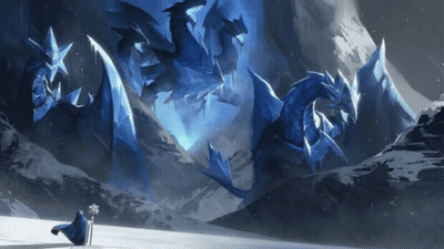 A Woman Stands In Front Of A Large Blue Dragon GIF