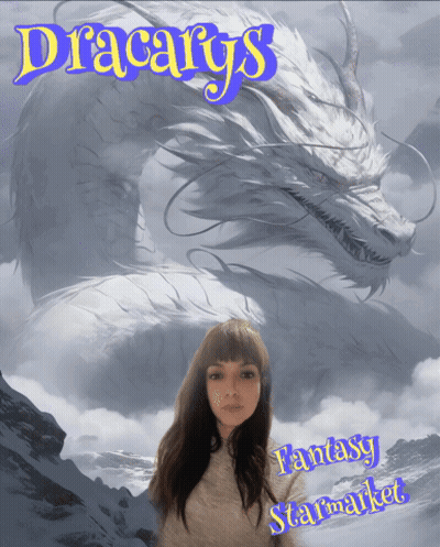 A Woman Stands In Front Of A Large White Dragon With The Words Dracats Fantasy Starmarket Written Below Her GIF