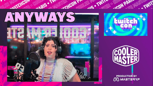 A Woman Stands In Front Of A Microphone With A Cooler Master Logo In The Background GIF