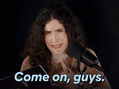 A Woman Stands In Front Of A Microphone With The Words Come On Guys Above Her GIF