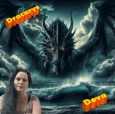 A Woman Stands In Front Of A Picture Of A Dragon And The Words Dracarys And Deva GIF