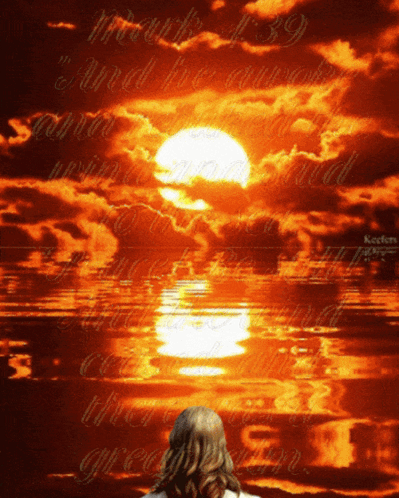 A Woman Stands In Front Of A Sunset With The Bible Verse Mark 4:39 On The Bottom GIF