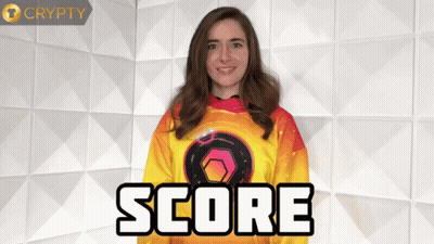 A Woman Stands In Front Of A Wall With The Word Score Written On It GIF