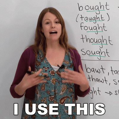 A Woman Stands In Front Of A White Board With The Words Bought Thought Sought Written On It GIF