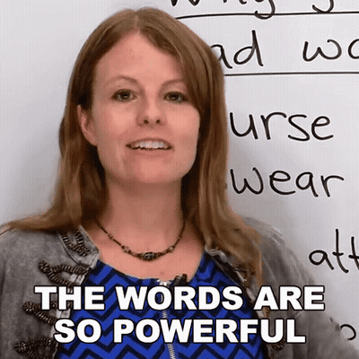 A Woman Stands In Front Of A White Board With The Words " The Words Are So Powerful " GIF