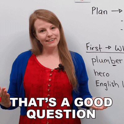 A Woman Stands In Front Of A Whiteboard With The Words That 'S A Good Question Written On It GIF