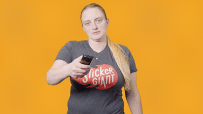 A Woman Stands In Front Of A Yellow Background With The Word Muted GIF