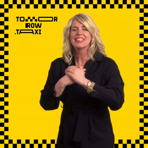 A Woman Stands In Front Of A Yellow Checkered Background That Says To Row Taxi GIF