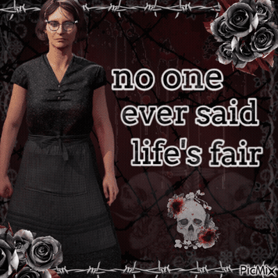 A Woman Stands In Front Of Barbed Wire And Roses With The Words " No One Ever Said Life 'S Fair " Above Her GIF
