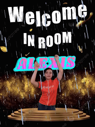 A Woman Stands On A Stage In Front Of A Sign That Says " Welcome In Room Alexis " GIF