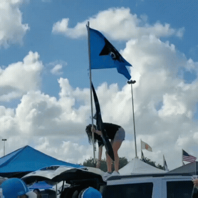 A Woman Stands On The Roof Of A Car Holding A Blue Flag GIF