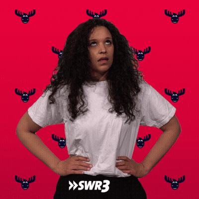 A Woman Stands With Her Hands On Her Hips In Front Of A Red Background With Moose Faces And The Word Swr3 On The Bottom GIF