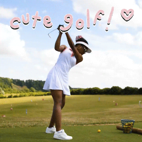 A Woman Swings A Golf Club On A Golf Course With The Words Cute Golf Above Her GIF