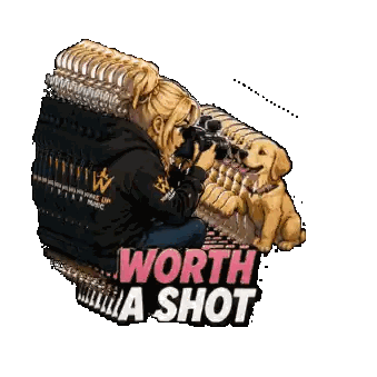 A Woman Taking A Picture Of A Puppy With The Words Worth A Shot Sticker
