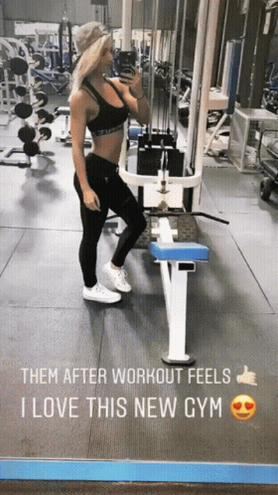 A Woman Taking A Picture Of Herself In A Gym And The Caption Says " Them After Workout Feels I Love This New Gym " GIF