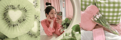 A Woman Taking A Selfie In Front Of A Mirror Next To A Slice Of Kiwi And A Book GIF