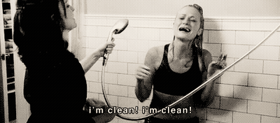 A Woman Taking A Shower With The Words I 'M Clean I 'M Clean GIF