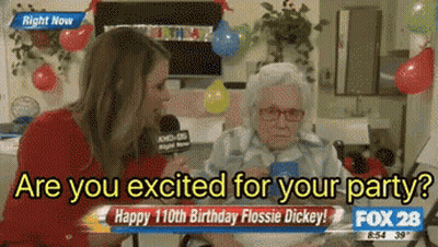 A Woman Talking Into A Microphone With The Words " Are You Excited For Your Party " Above Her GIF